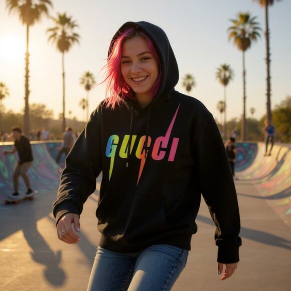 Gucci Hoodie Sweatshirt NWT Men’s Medium Black Rainbow Logo 100% Cotton - Picture 1 of 11